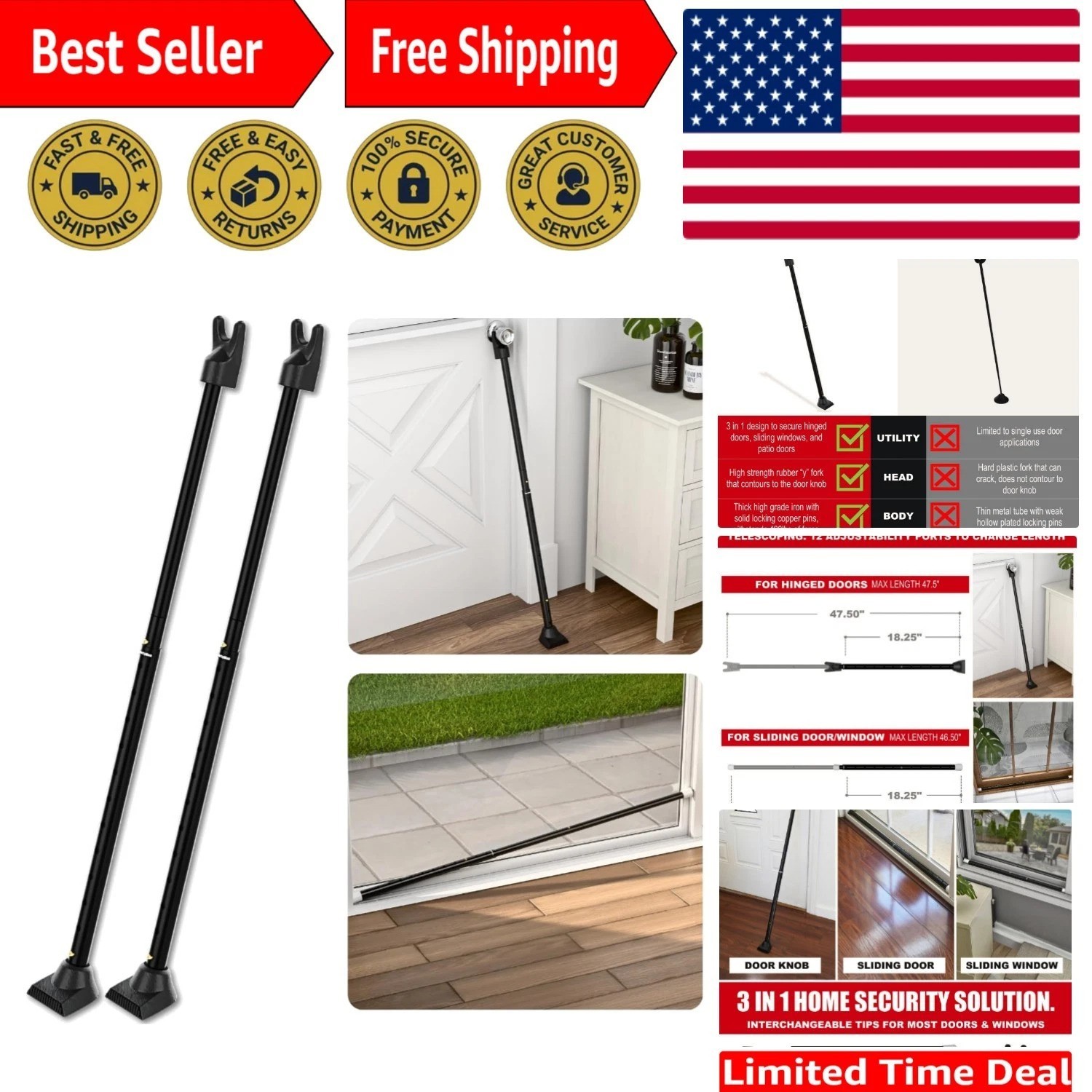 Versatile Iron Security Bar Set - Adjustable Door Stopper & Lock Bar - 2 Pack
