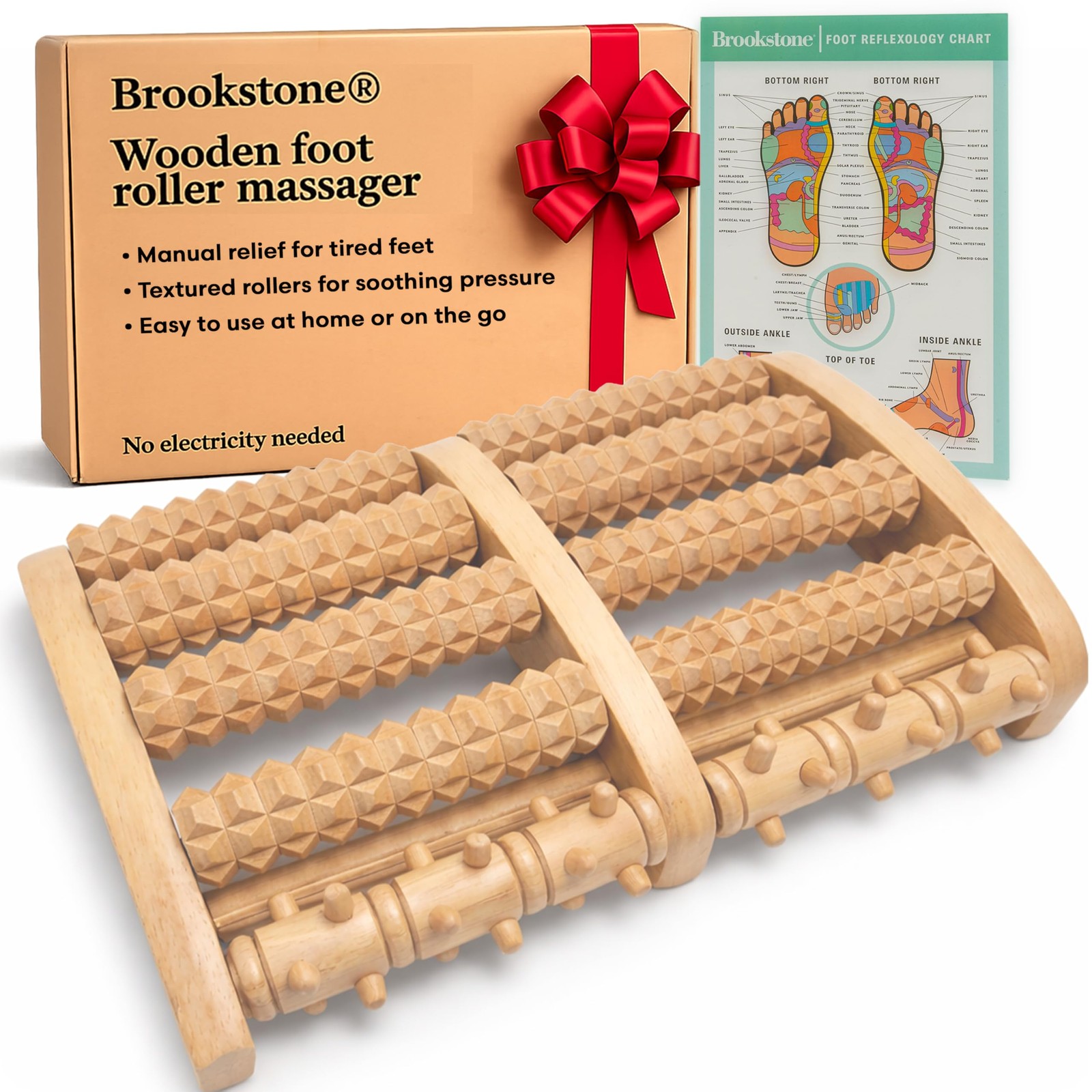 Brookstone Foot Massager Roller Plantar Fasciitis Pain Relief - Wooden Oak