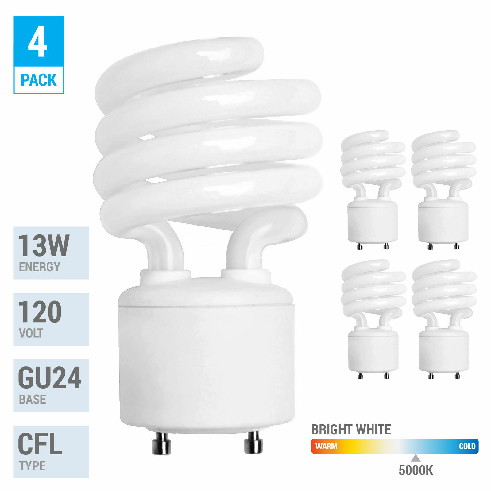 4 Pack Spiral CFL Fluorescent 13 Watt 60W Twist and Lock GU24 5000K Bright White