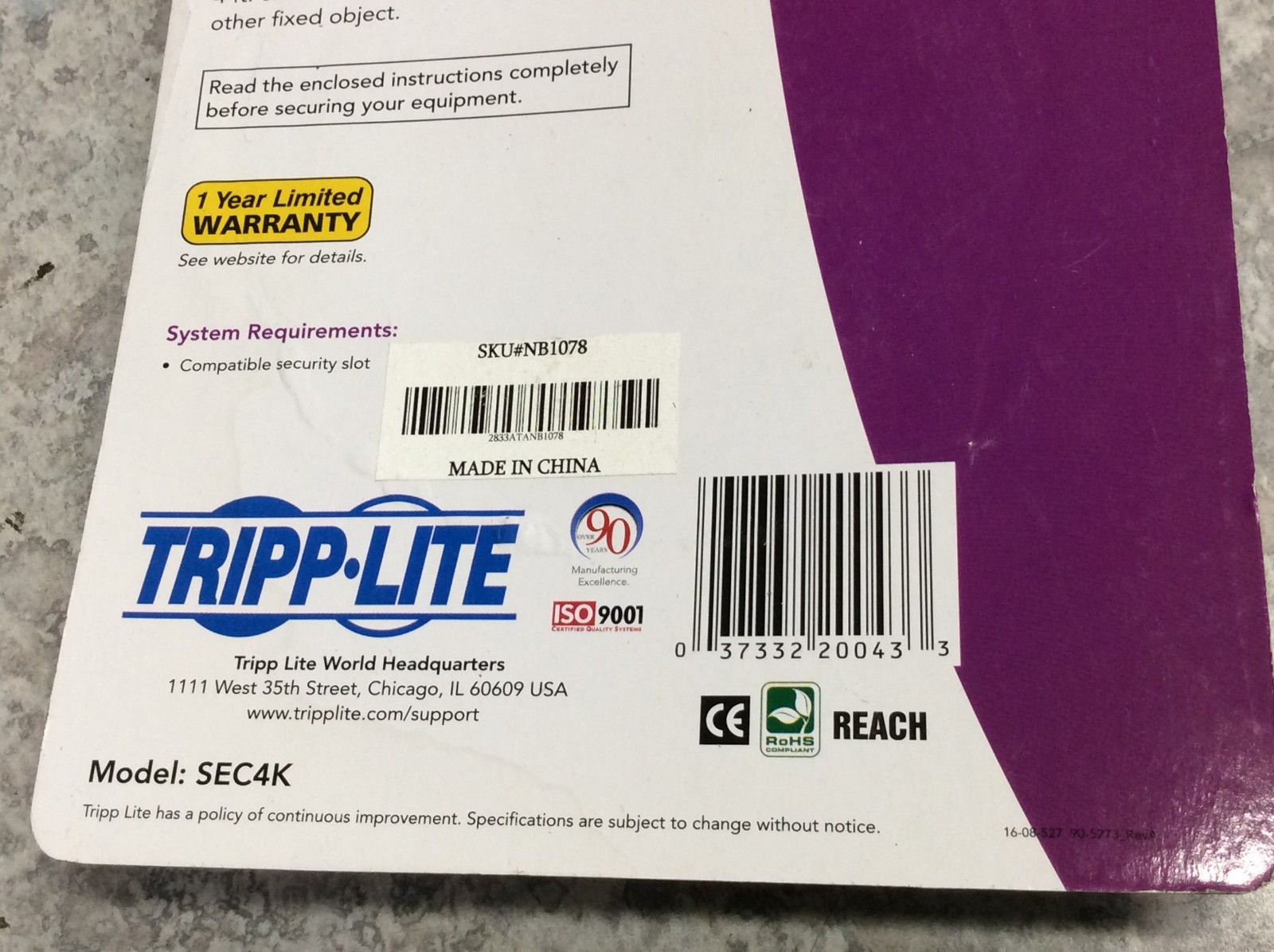 Tripp Lite Keyed Laptop Security Lock w/ 4ft. Cable SEC4K