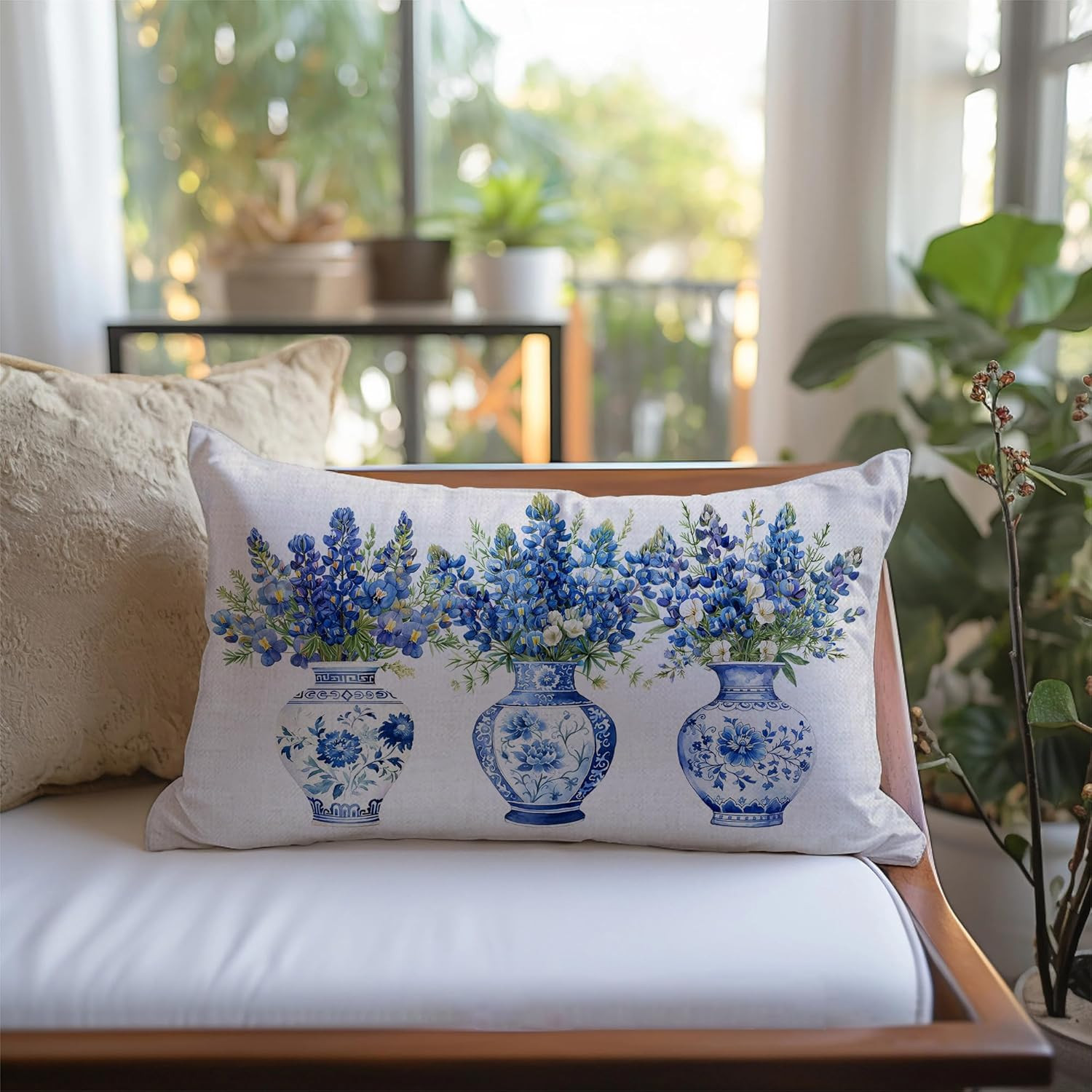 Bluebonnet Throw Pillow Cover 12x20 Inch Spring Blue Floral Chinoiserie Vase Pil