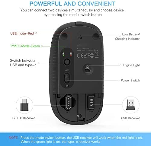 C Wireless Mouse，USB C Rechargeable Portable Quiet Mouse USB and C Receiver D...