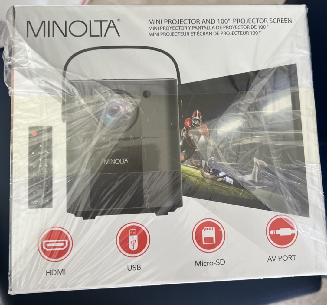 Minolta Mini Projector MN674 Bundle Pack with 100" Screen and Remote; New in Box
