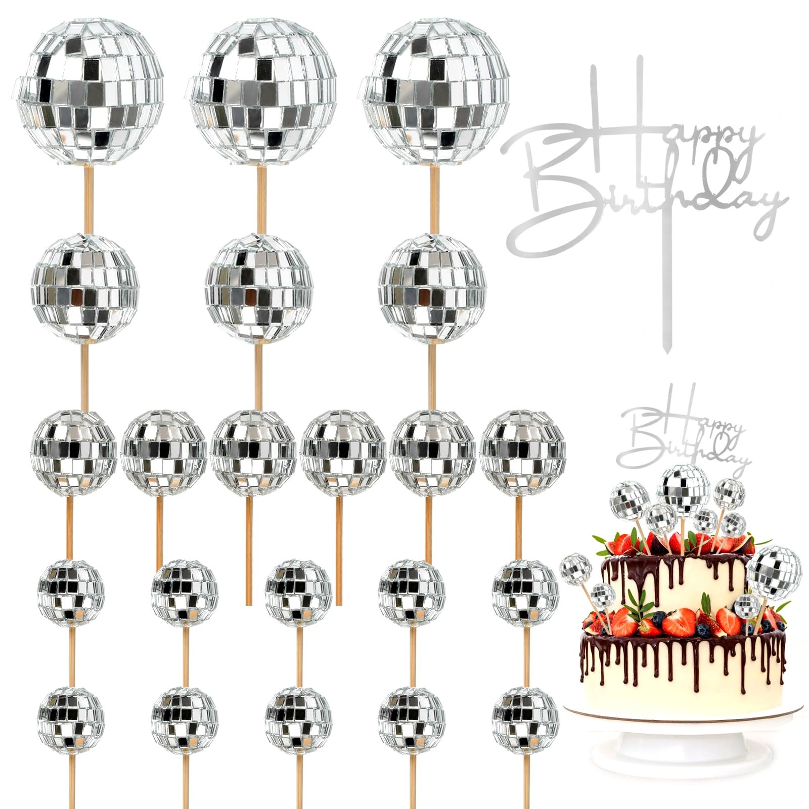 23pcs Disco Ball Cupcake toppers Happy Birthday 2cm, 2.5cm, 3cm, 4cm, Silver
