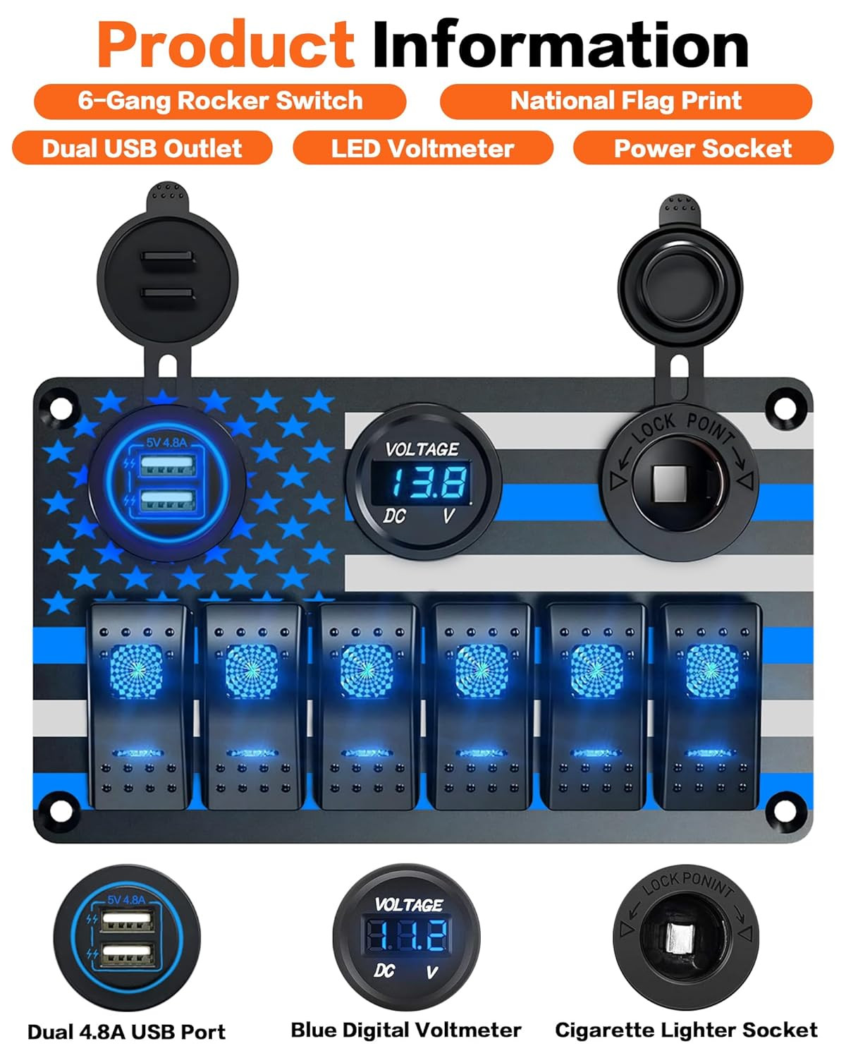 6 Gang Switch Panel Waterproof Rocker Switch Panel Aluminum American Flag Design