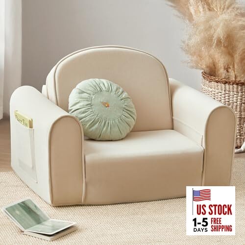 2-in-1 Foldable Kids Couch with Pockets – Soft Thick Toddler Sofa, Beige
