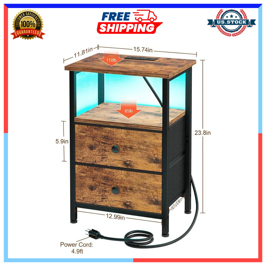 Small Bedside Table with USB Ports & Outlets, 2 Drawer Nightstand Brown