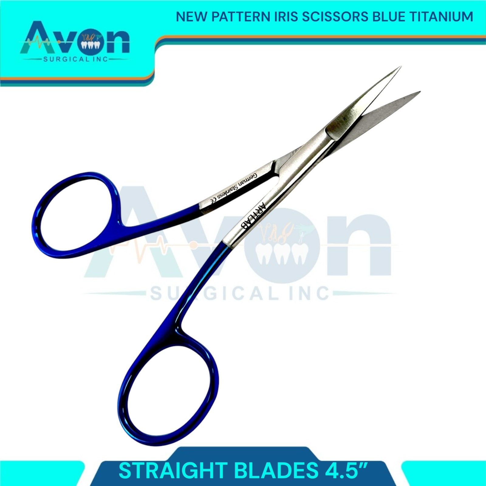 New Pattern Straight Blades Iris Scissors 4.5" Titanium Coated Rings - Blue -1pc