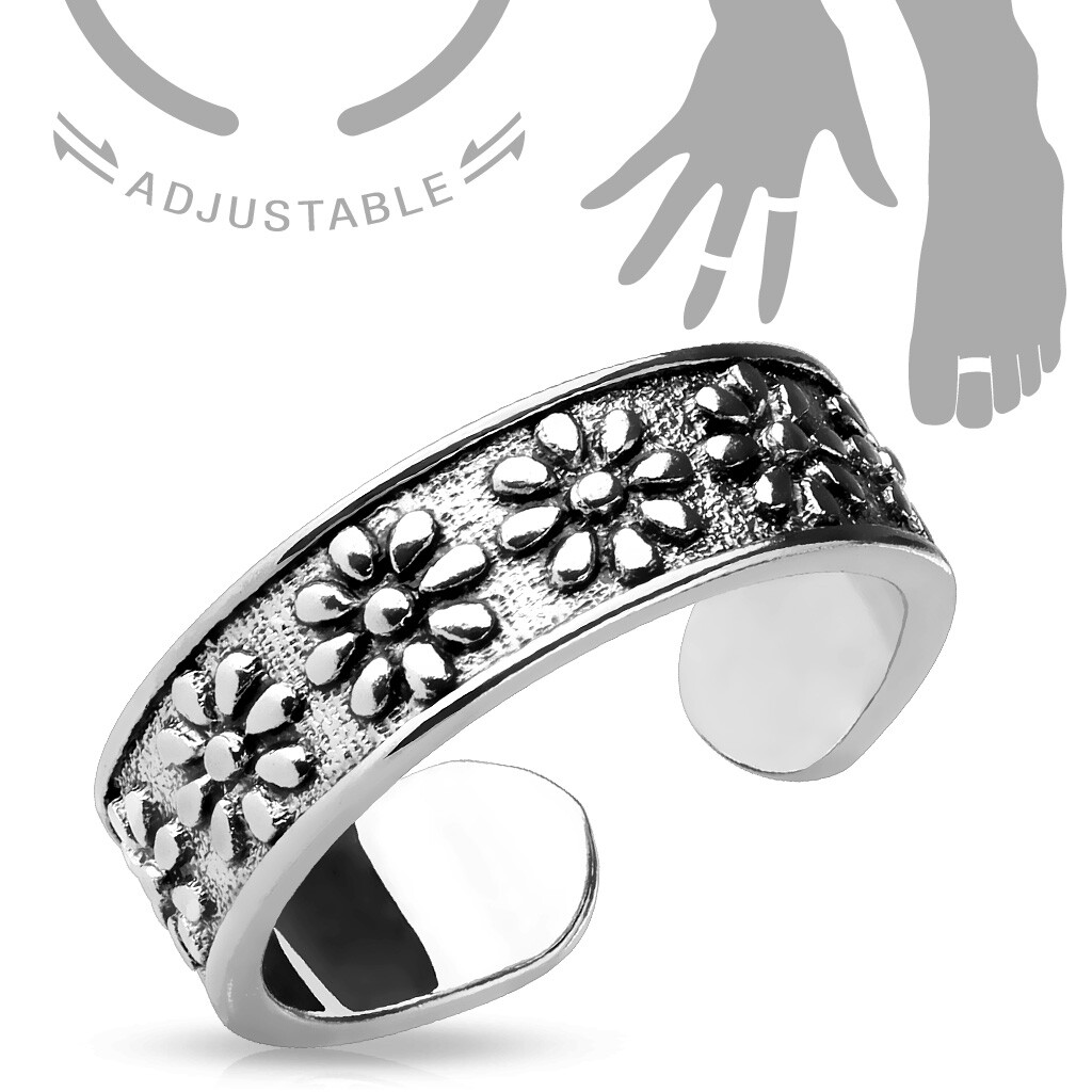 Silver Toe Ring or Mid Ring -  Antique Silver Daisy Flowers