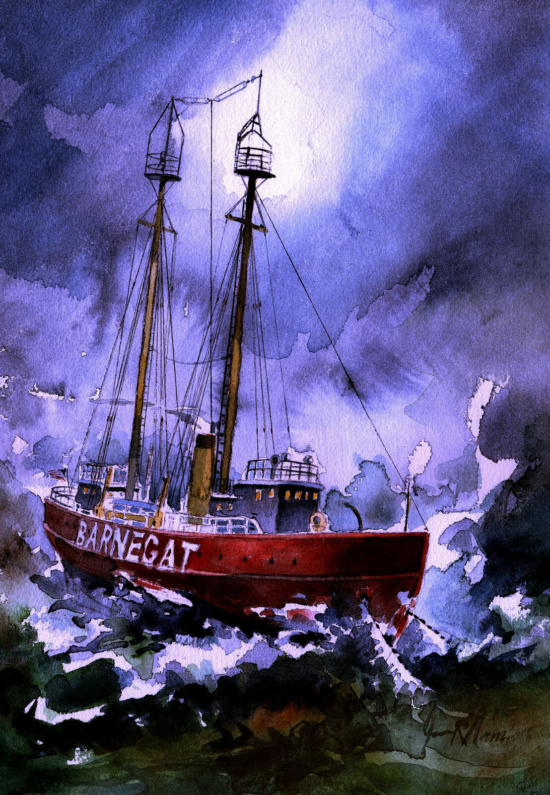 Lightship Barnegat. Midnight storm off Jersey Shore. James Mann art notecards