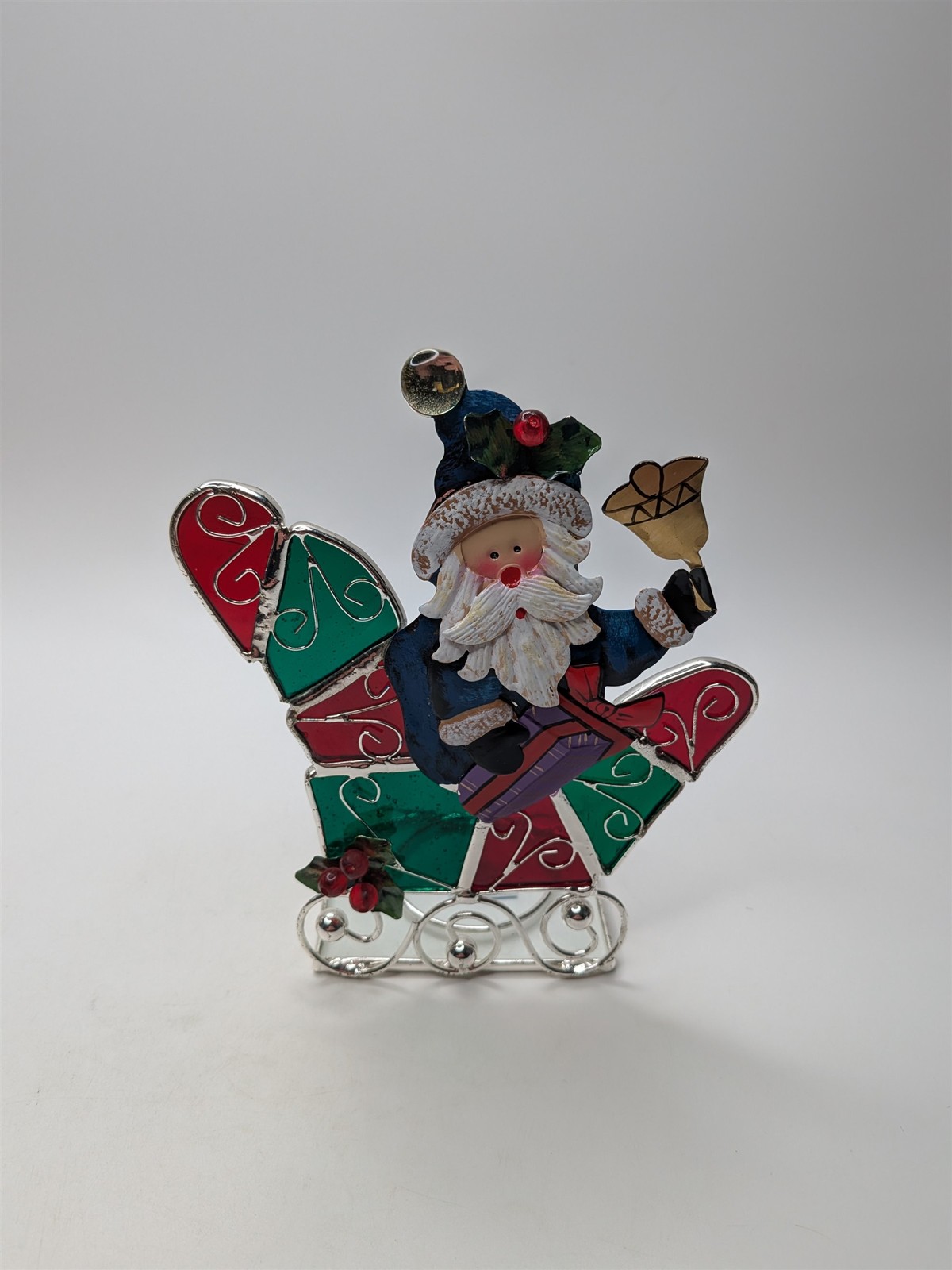 Vintage Stained Glass Santa & Sligh Bell Votive Candle Holder Intl Silver Co