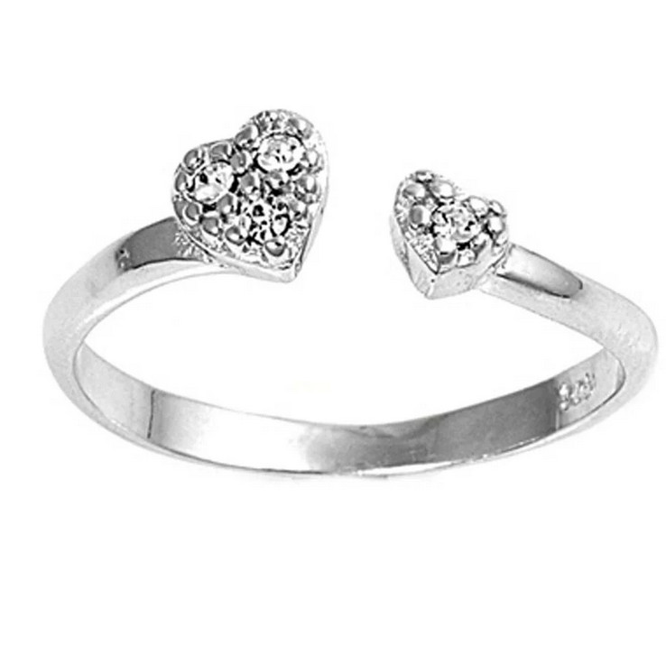 Double crystal heart sterling silver toe ring
