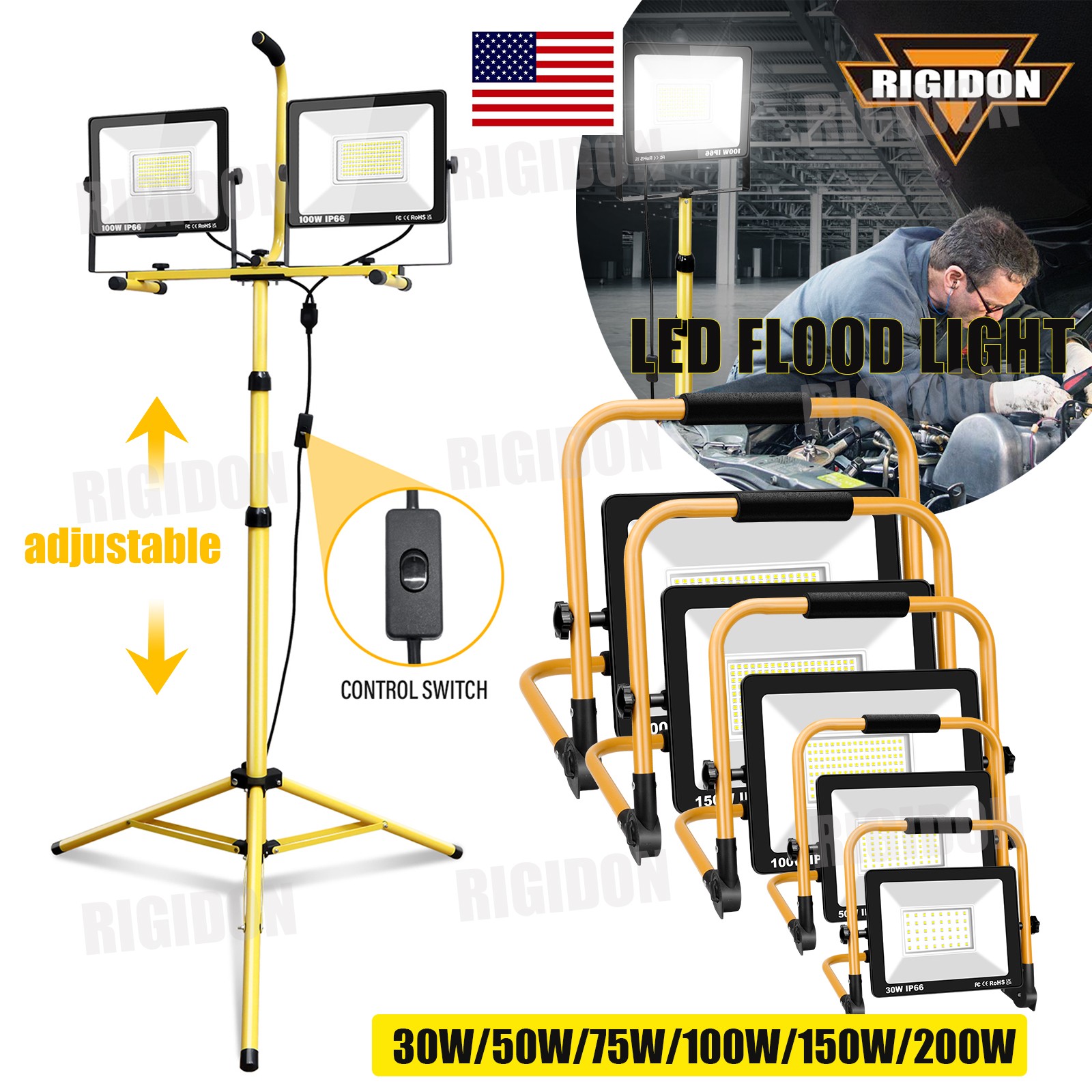 30/50/75/100/200W LED FloodLight Outdoor Indoor Construction Site Work Light