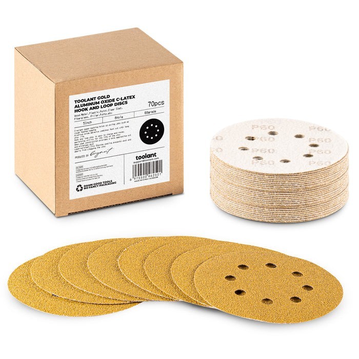 70pcs  5 Inch 8 Hole 60 Grit  Sandpaper Sanding Discs  Hook & Loop  Wood & Metal