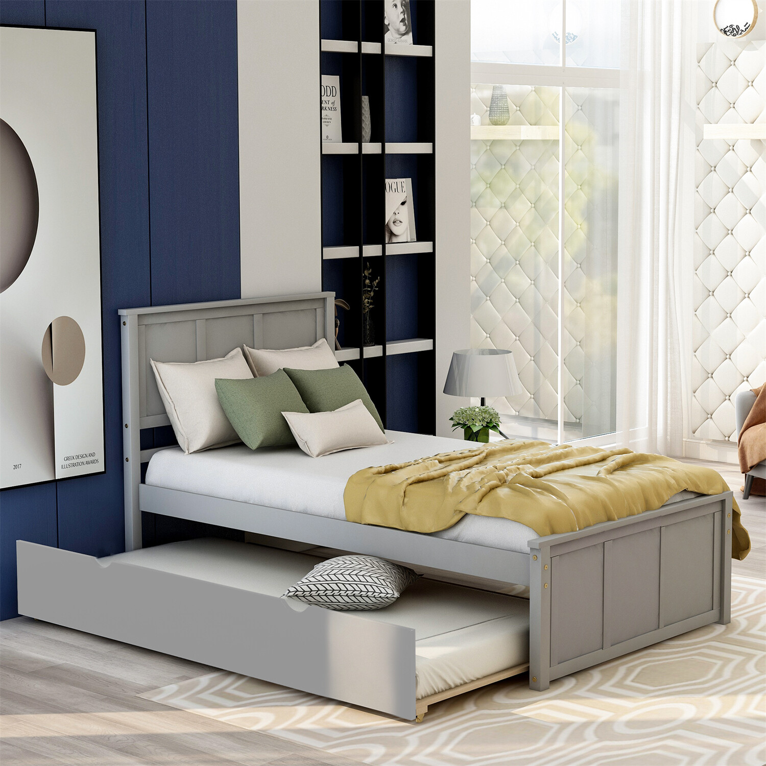 Twin Size Bed Frame Wood Platform Bed w/ Headboard & Trundle Gray/Espresso US