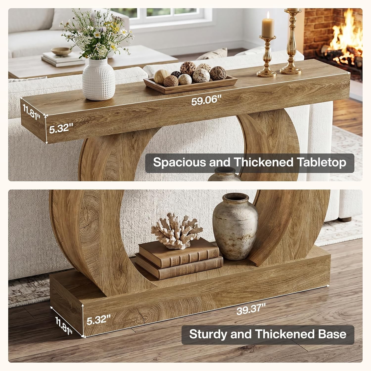 59-Inch Farmhouse Console Table, Curved Entryway Table with Unique Circular Base