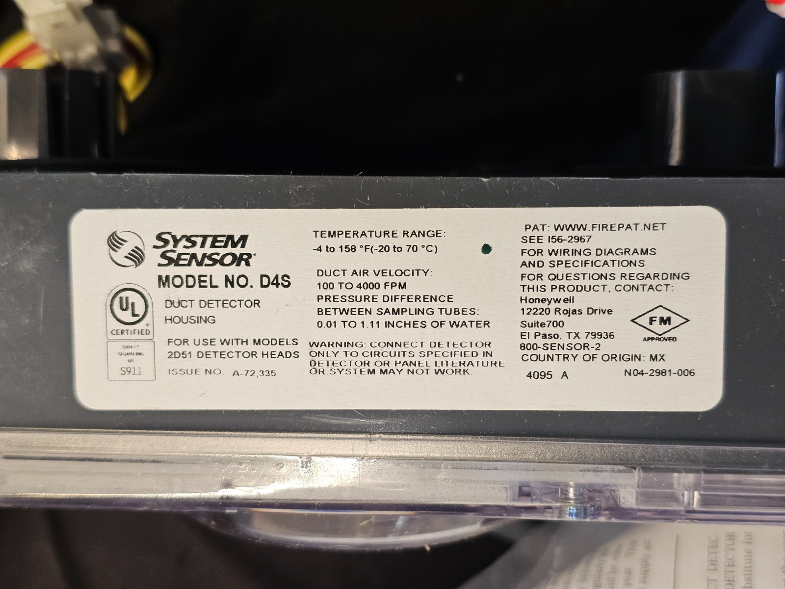 System Sensor D4S Duct Smoke Detector