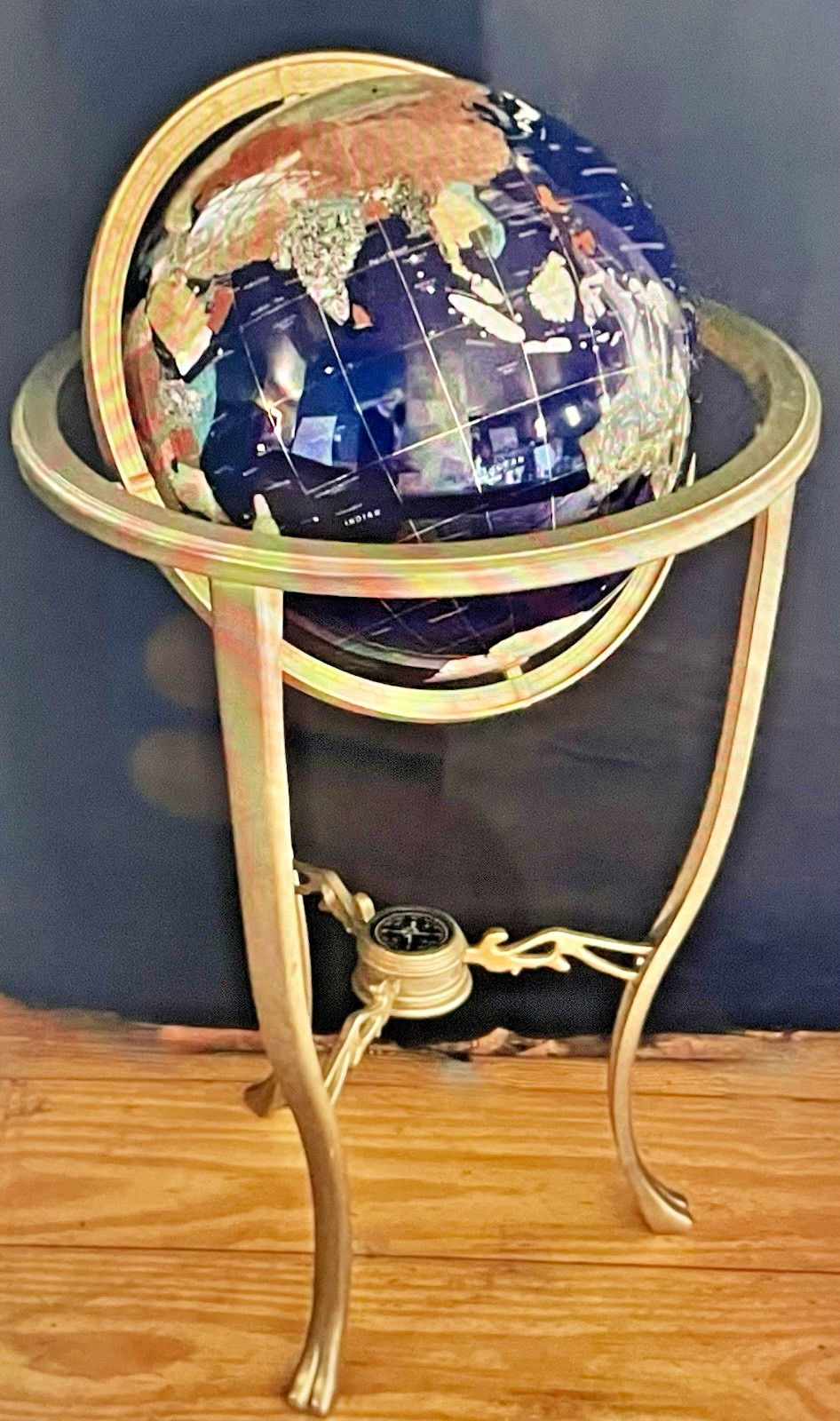 KALIFANO LAPIS OCEAN PRECIOUS GEMSTONE 13" GLOBE 37" HIGH STANDING FLOOR COMPASS