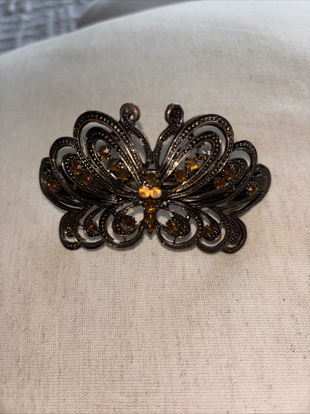 VINTAGE CITRINE RHINESTONE BEADED BRASS BUTTERFLY 4" HAIR BARRETTE