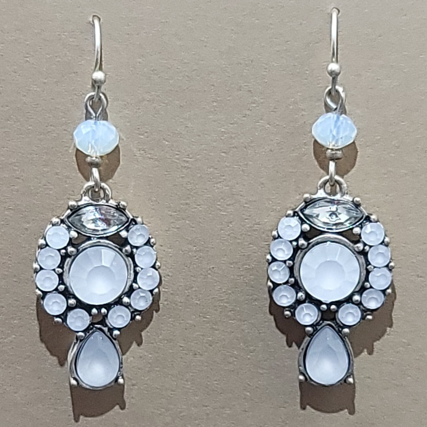 Lovely Dangle Clear Jeweled On Silvertone Pierced Earrings