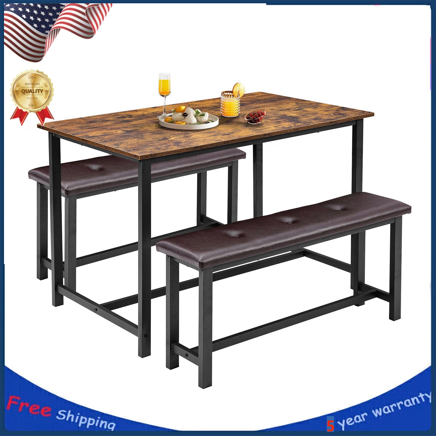 Dining Table Space-Saving Rectangular Kitchen Table with 2 Upholstered Benches