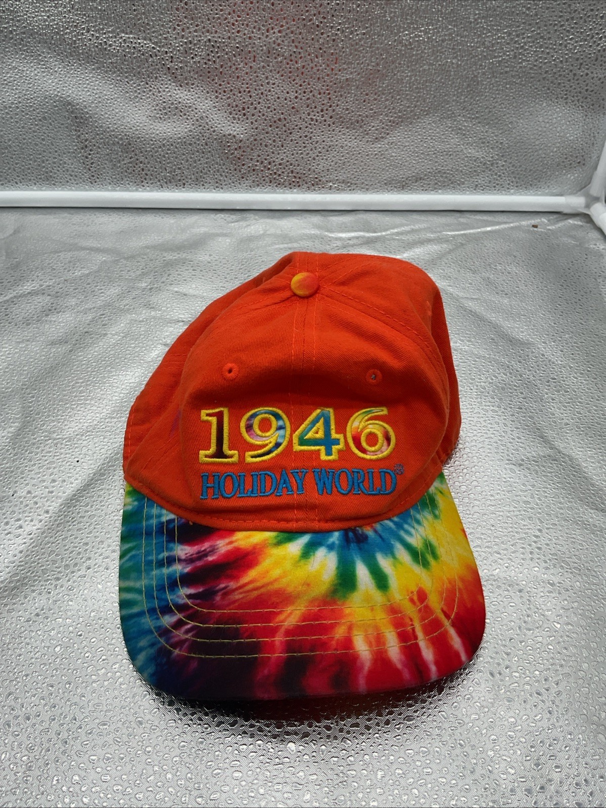 1946 Holiday World Orange Hat Cap w Tye Dyed Accents Hook Loop Jacobson Hats