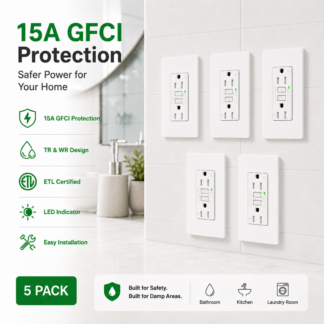 5PK WR TR GFCI Receptacle 15A LED Indicator Shock Protection w/ Wall Plate ETL
