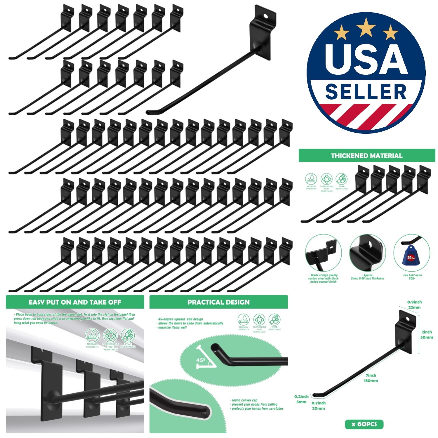Versatile 60-Pc Set of 8-Inch Black Slatwall Hooks - Perfect for Home & Store