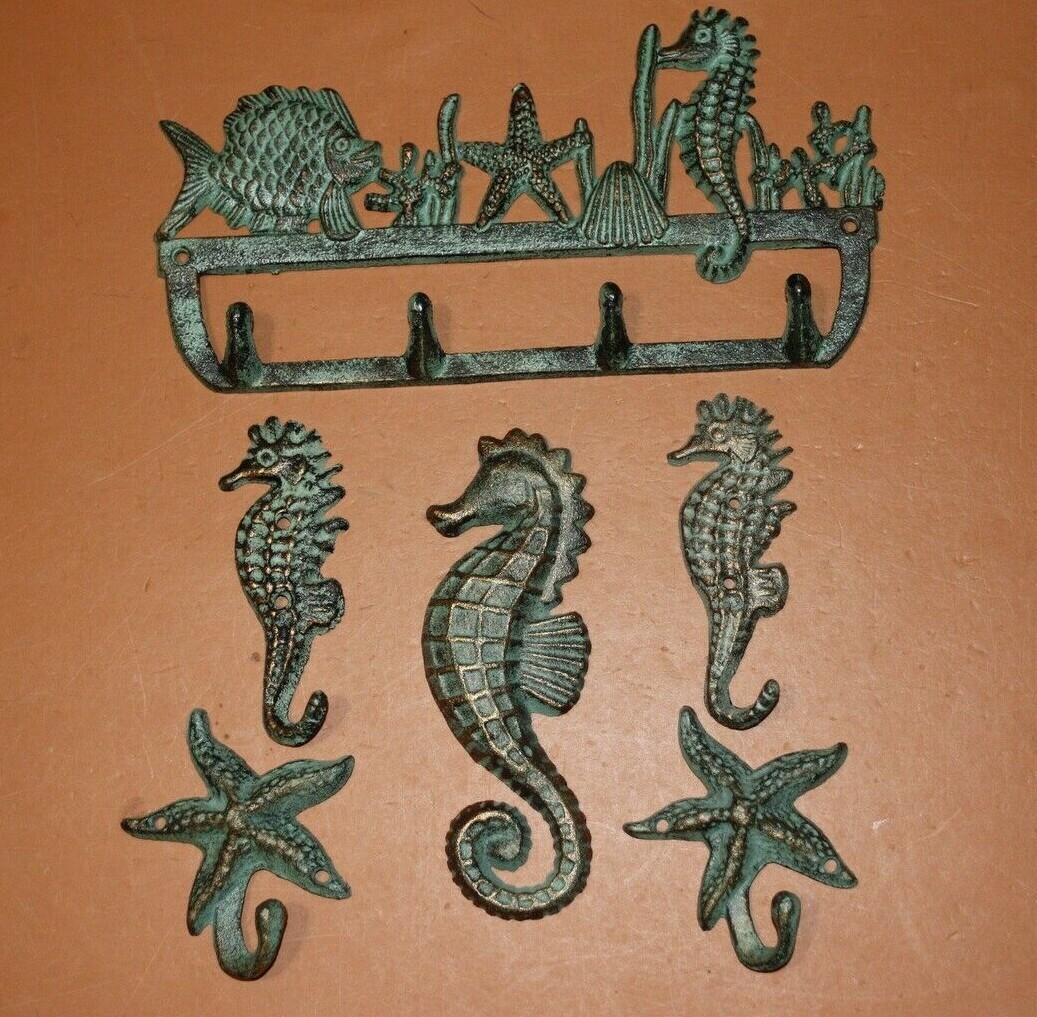 (6) Blue Seas Sealife Design Cast Iron Bath Towel Hooks Set Bronze Look Finish