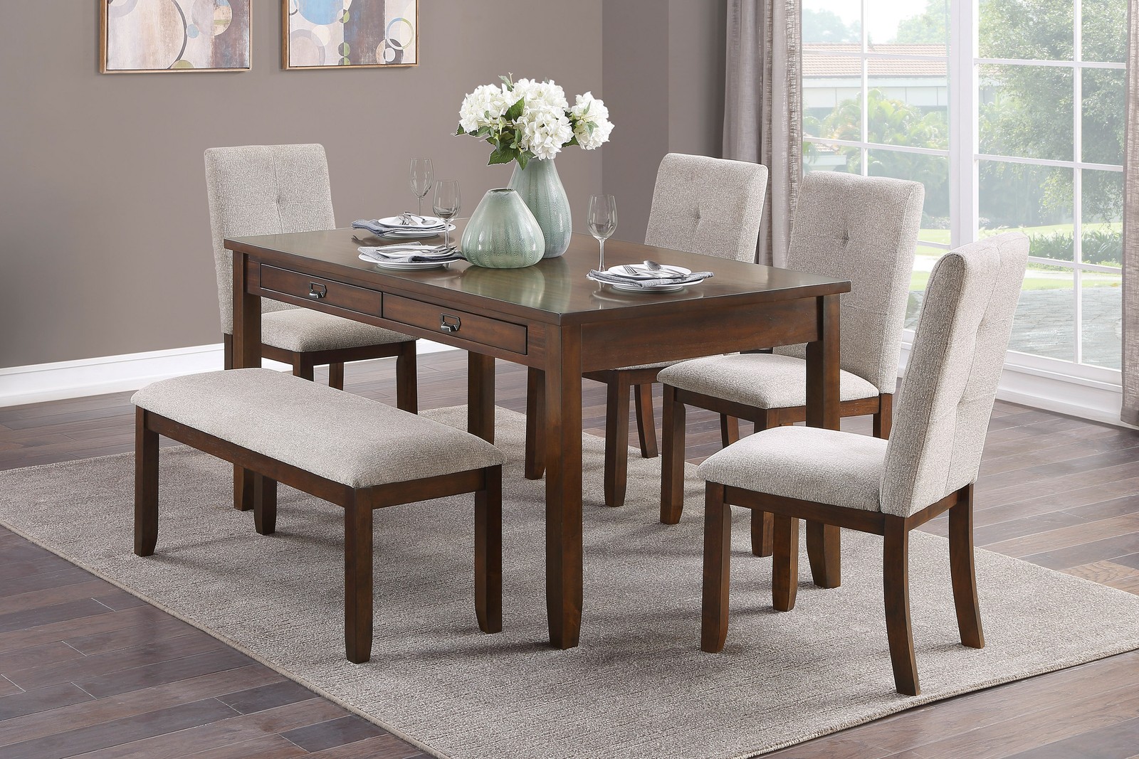 Dark cherry-finished dining table with 4 drawers, transitional style