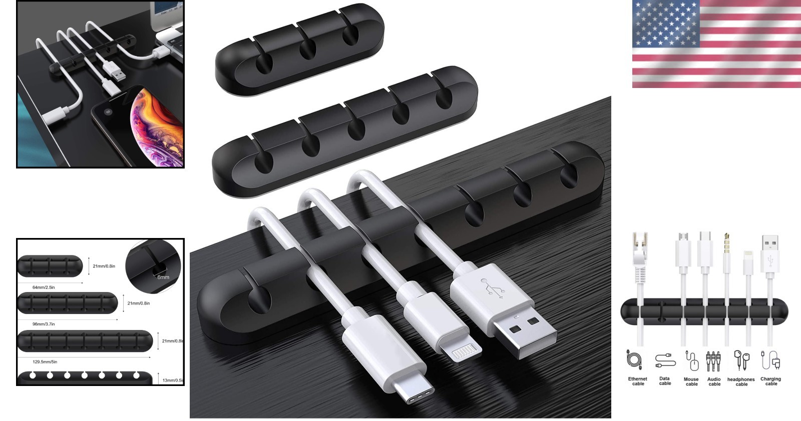 3-Pack Modern Silicone Cable Holder Clips for Desktop or Nightstand Use