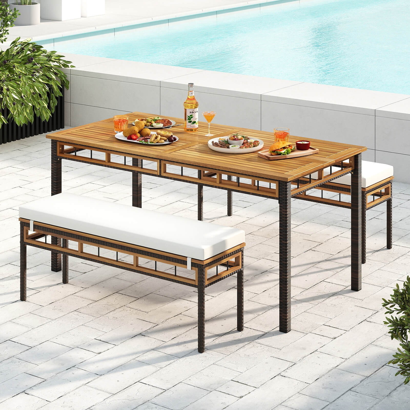 3 PCS Acacia Wood Patio Dining Set w/1.97" Umbrella Hole & Cushions for Garden