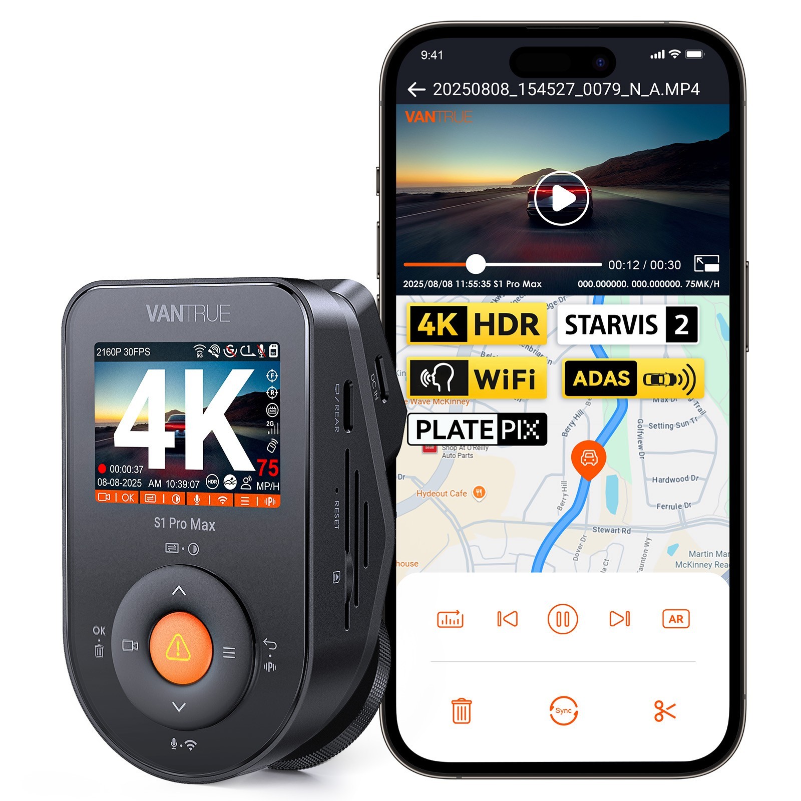 Vantrue S1 Pro Max Front 4K Dash Cam STARVIS 2 Built-in WiFi+GPS Recorder Camera