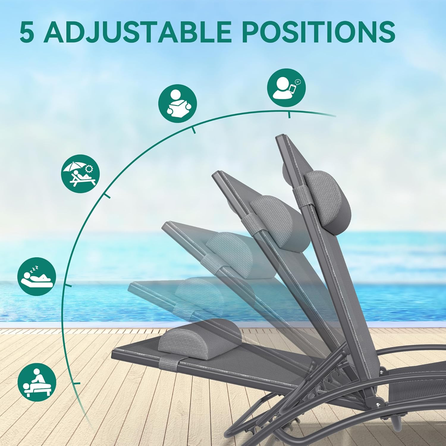 Outdoor Chaise Lounge Chair Set of 6, Pool Lounge Chairs with Side Table & 5-Pos
