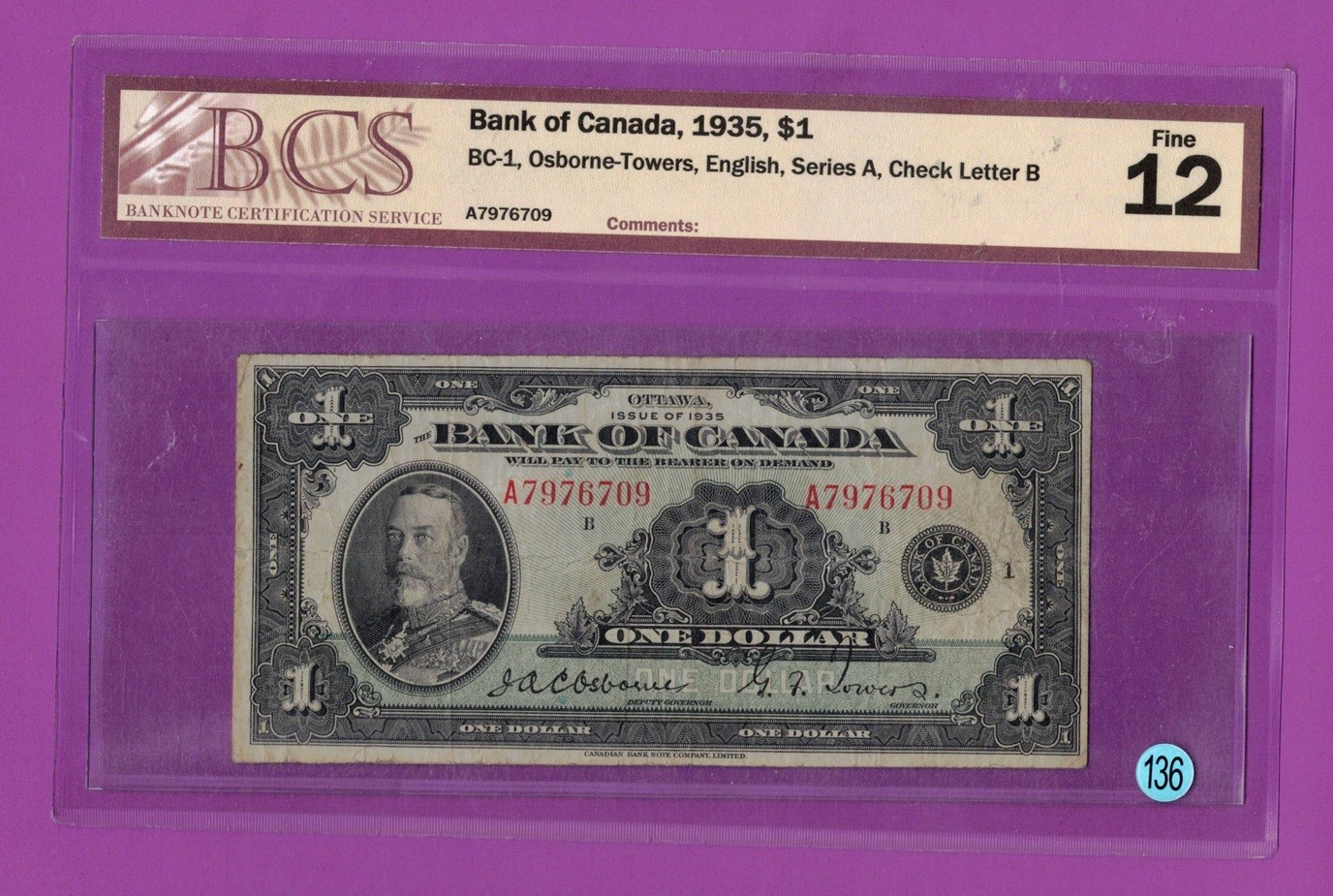 Canada – 1935 $1 Note BC-1 English Issue Check Letter B BCS 12 Fine Lt 136