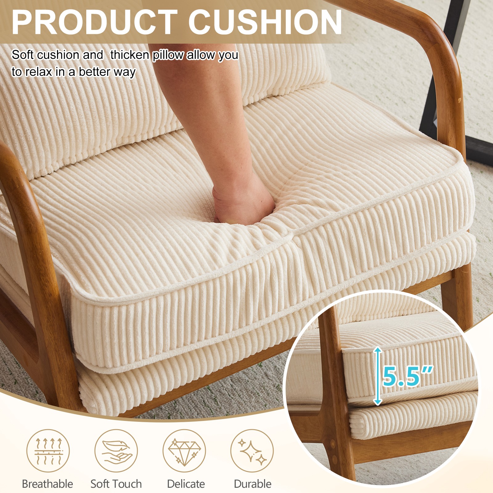 Off-White Corduroy Upholstered Indoor Lounge Chair (330LBS Weight Capacity)