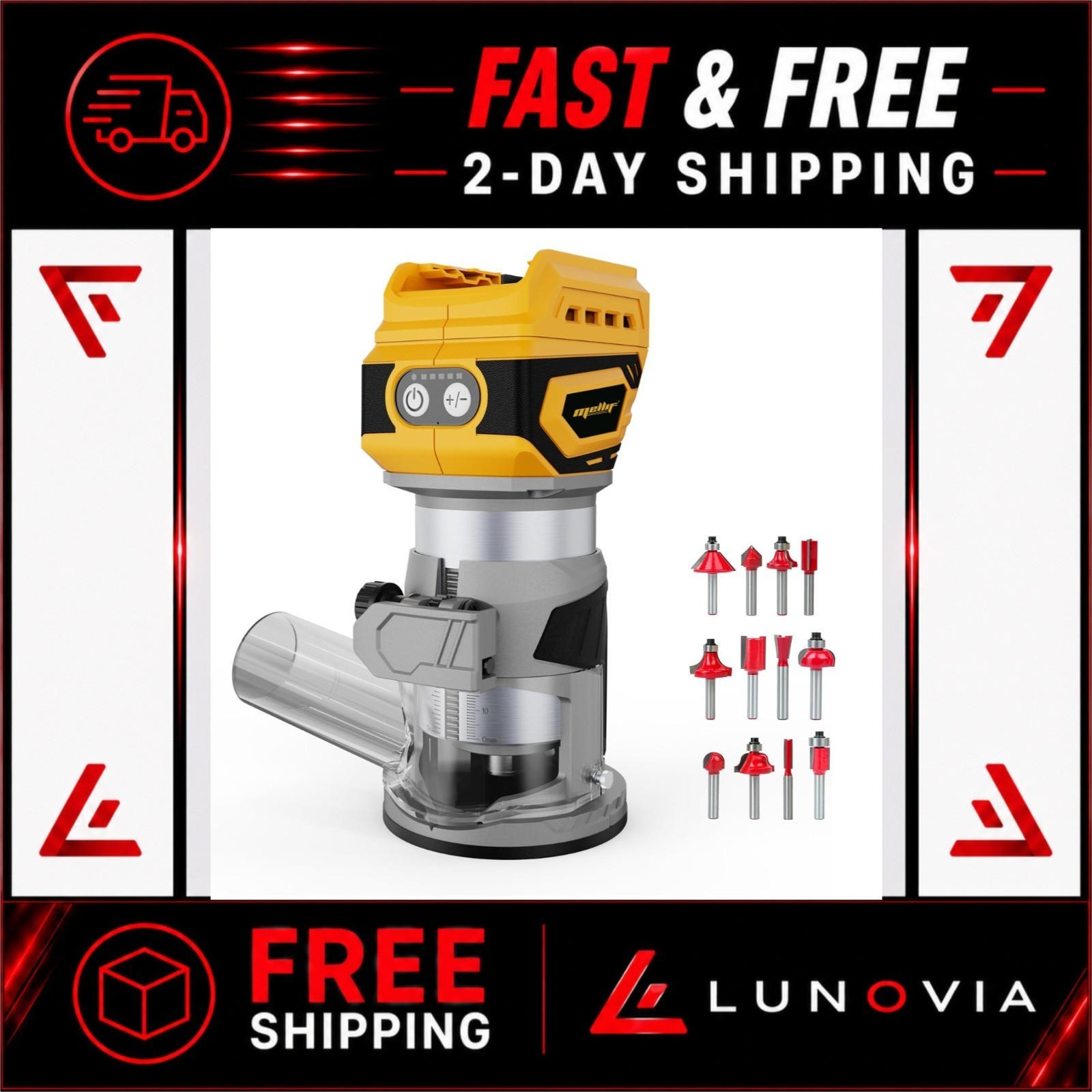 Cordless Brushless Wood Router 20V Compatible with Dewalt | 12 Router Bits