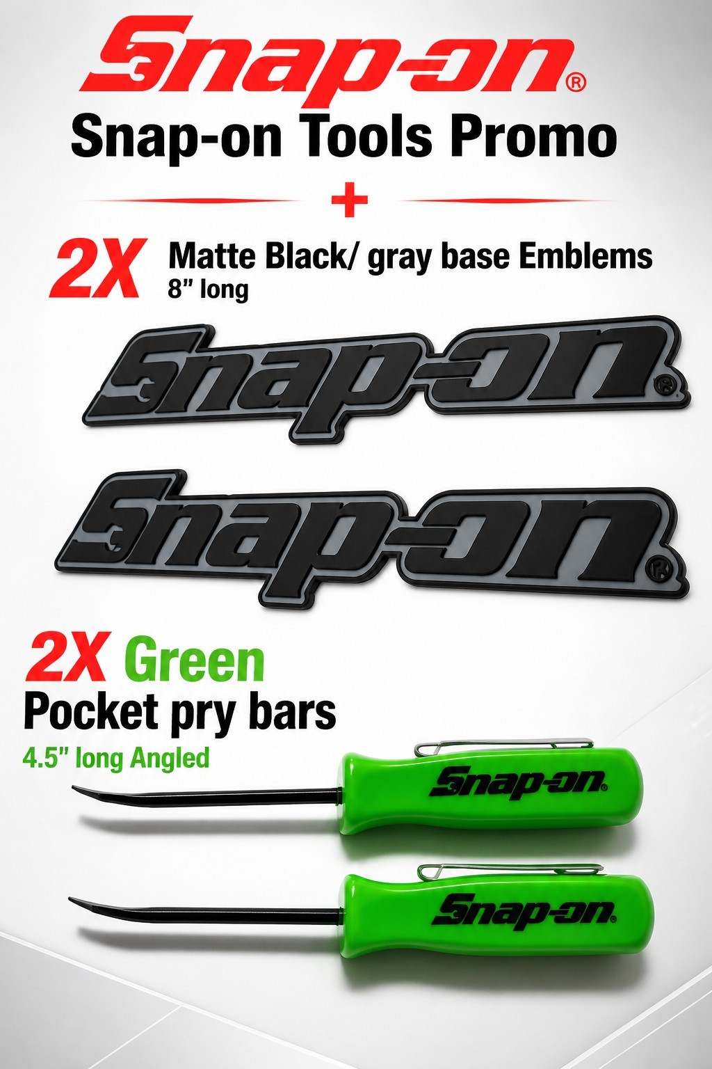 2PK SNAP ON TOOLS LOGO EMBLEM Matte Black Badge Decal + 2 Pocket Green Pry Bars!