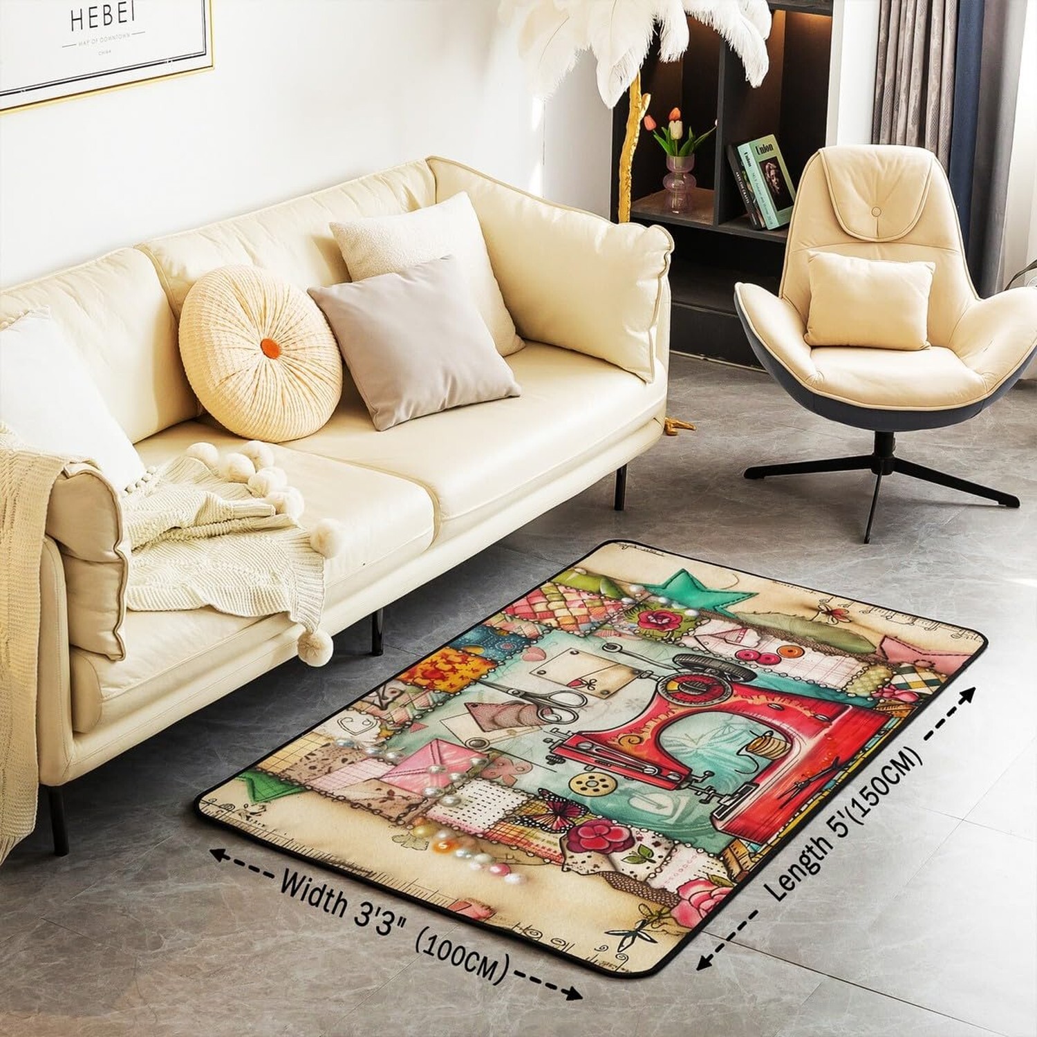 Red Sewing Machine Rug 5x6'6'',Retro European Sewing Theme Non Slip Decorativ...
