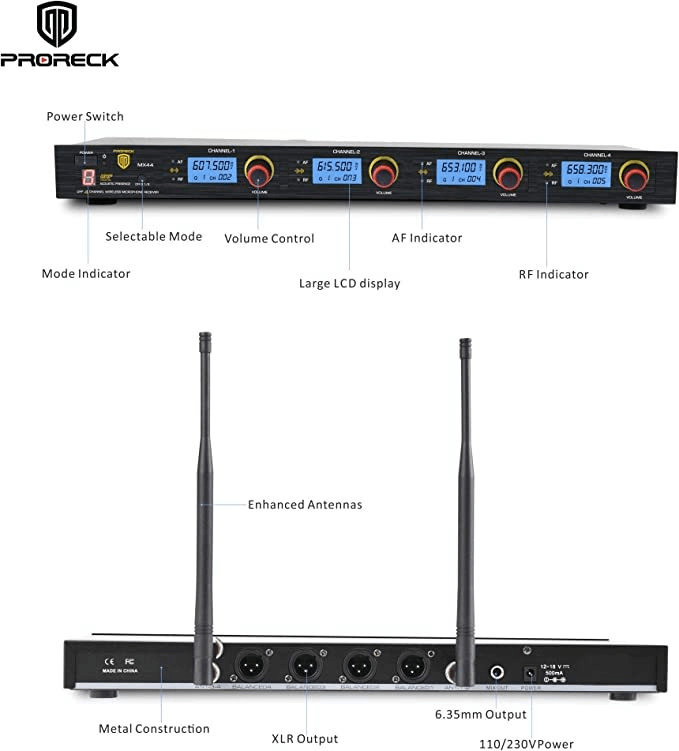 PRORECK MX44 4-Channel UHF Wireless Microphone System 4 Handhelds Karaoke Party