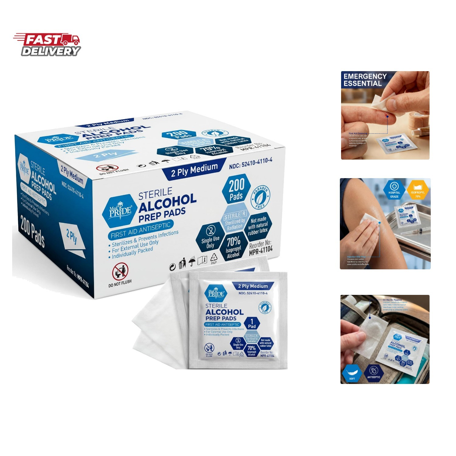 Sterile Alcohol Prep Pads, Antiseptic, 70% Isopropyl, Individually Wrapped, M...