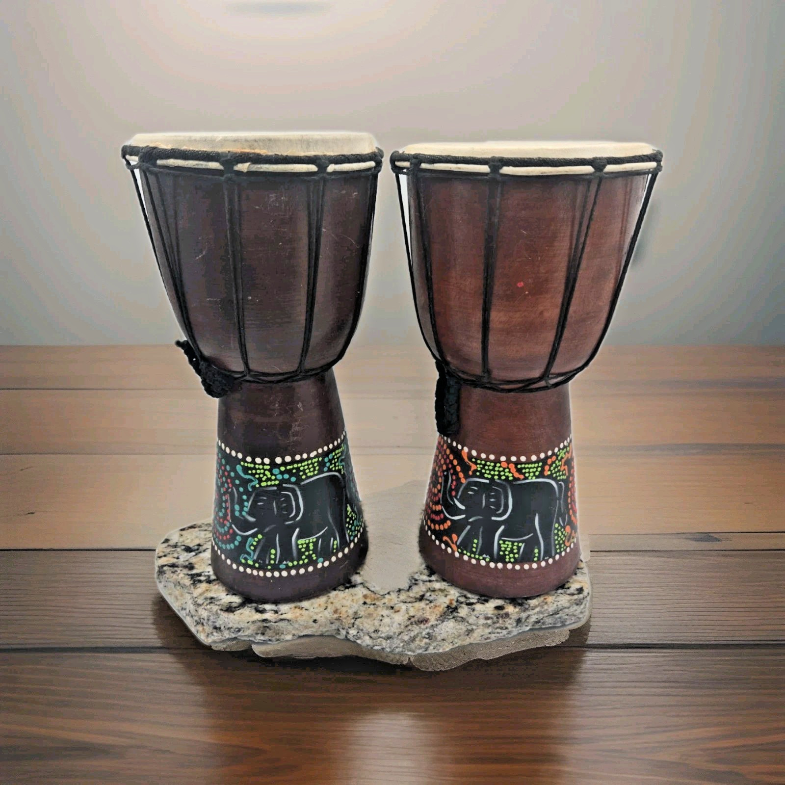 Hand-Carved Wooden Djembe Hand Drum Dot-Painted Elephant Design Boho Decor