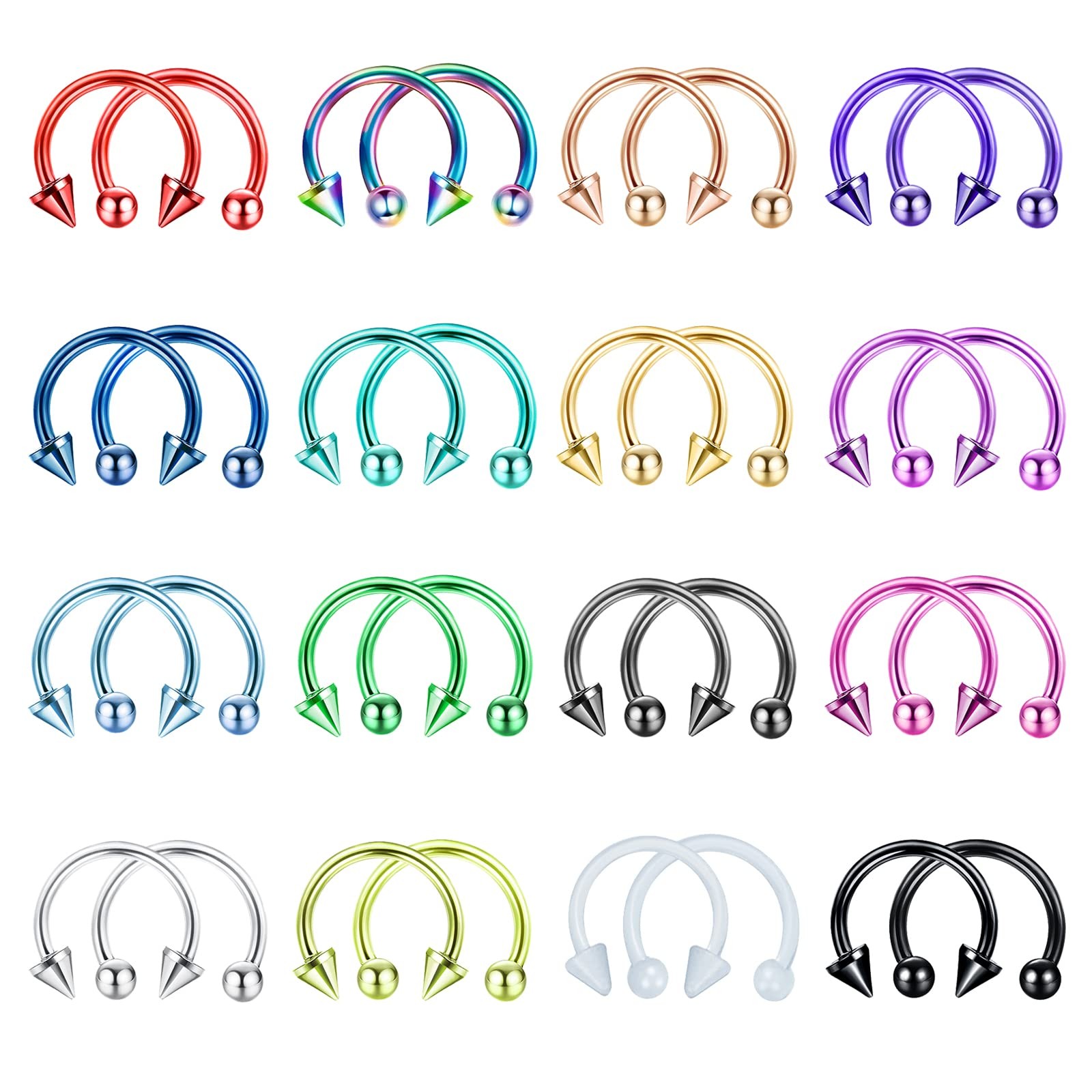 JOERICA 32PCS 16G Horseshoe Septum Rings Stainless 8mm, 10mm, Steel