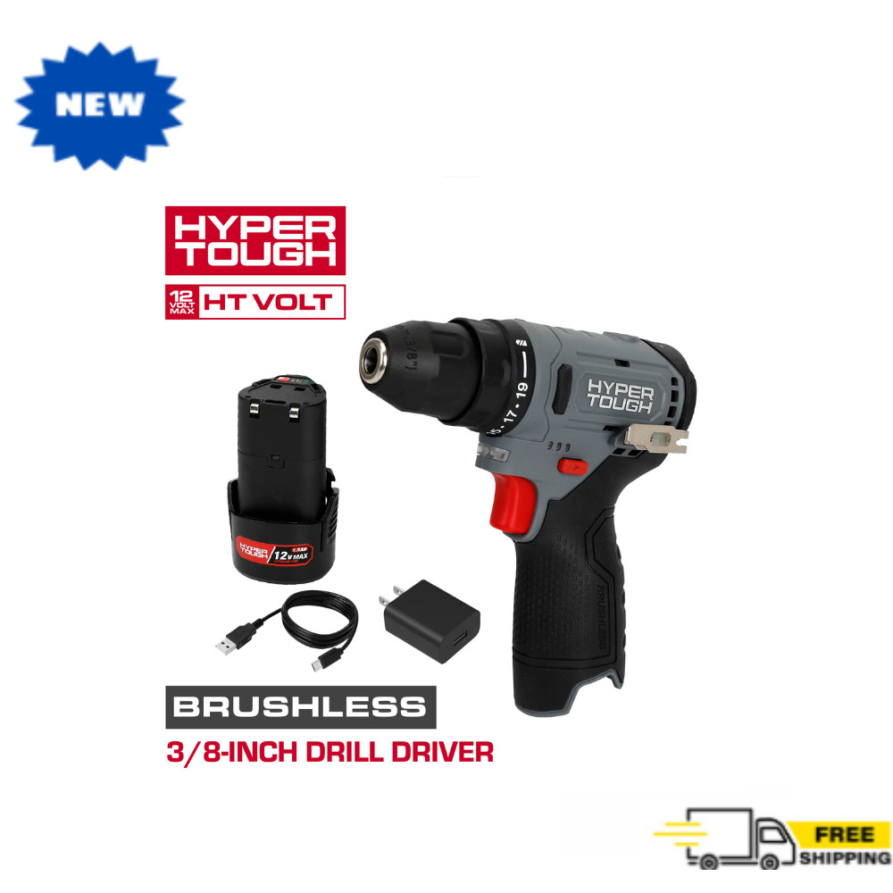 Hyper Tough 12V Brushless Cordless Drill Driver with 1.5Ah Battery, Black