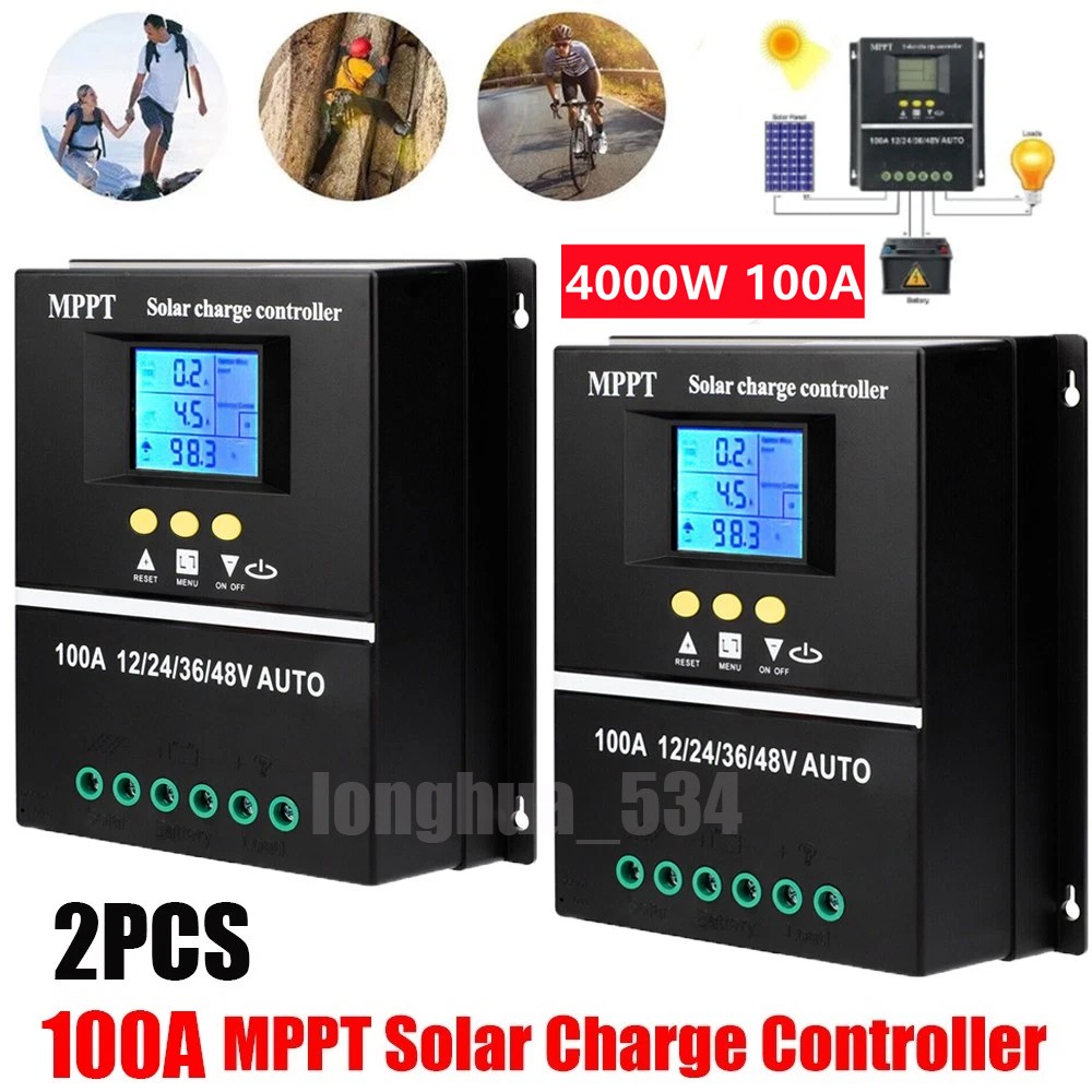 2PCS 100A MPPT 12V/24V/36V/48V Solar Charge Controller Tools 100A LCD Dual USB