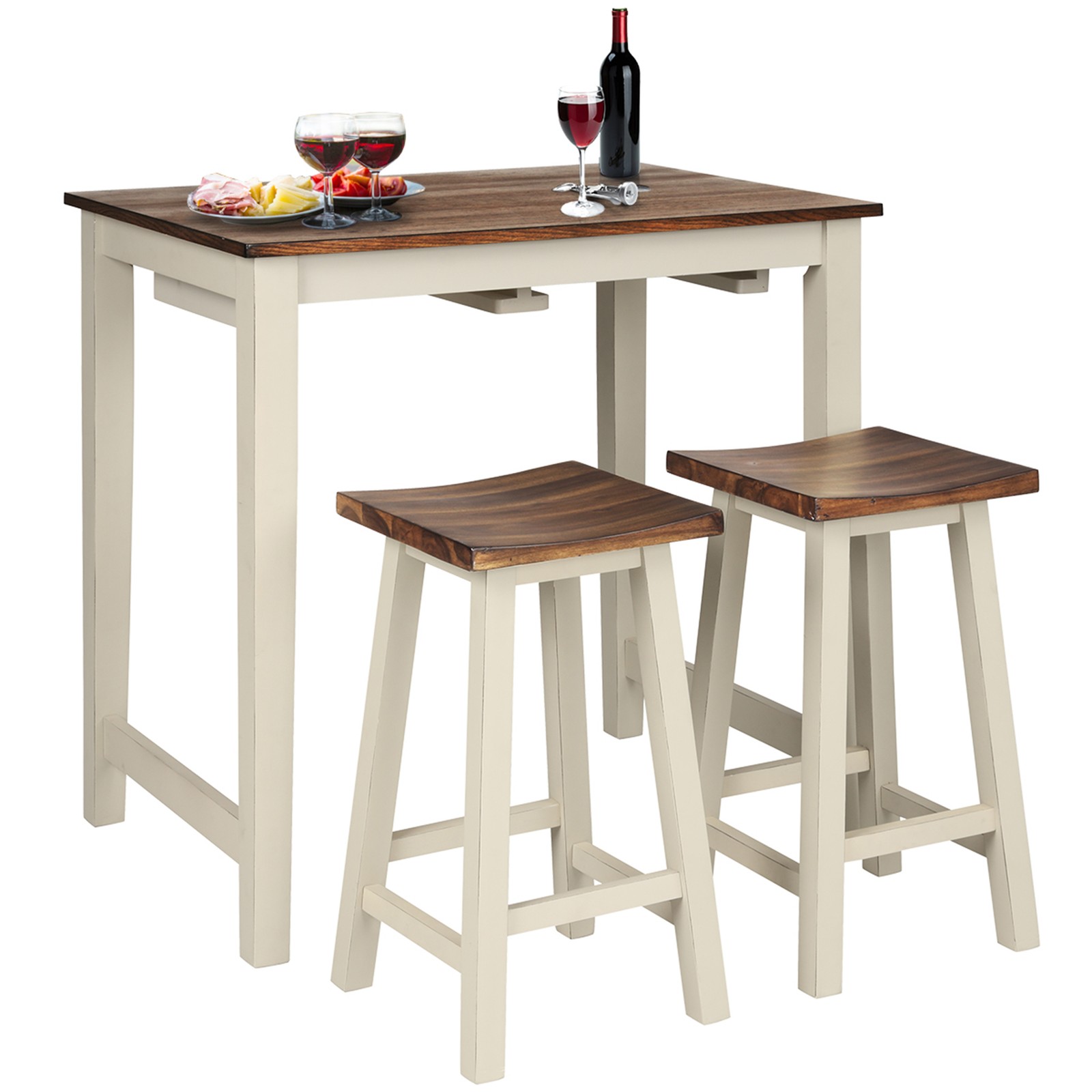 3-Piece Bar Table Set Counter Pub Table& 2 Saddle Bar Stools w/ Hanging Design