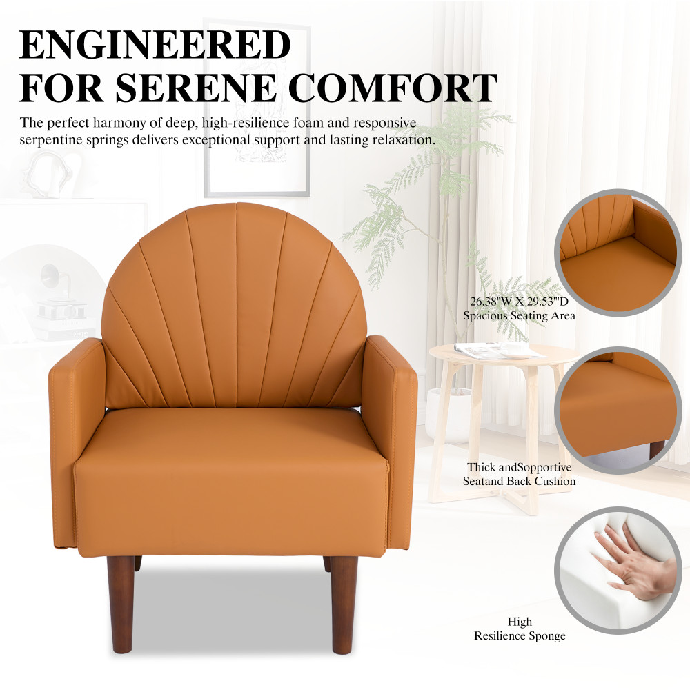 Orange PU Leather Accent Armchair with Plush Pillow & Wood Legs