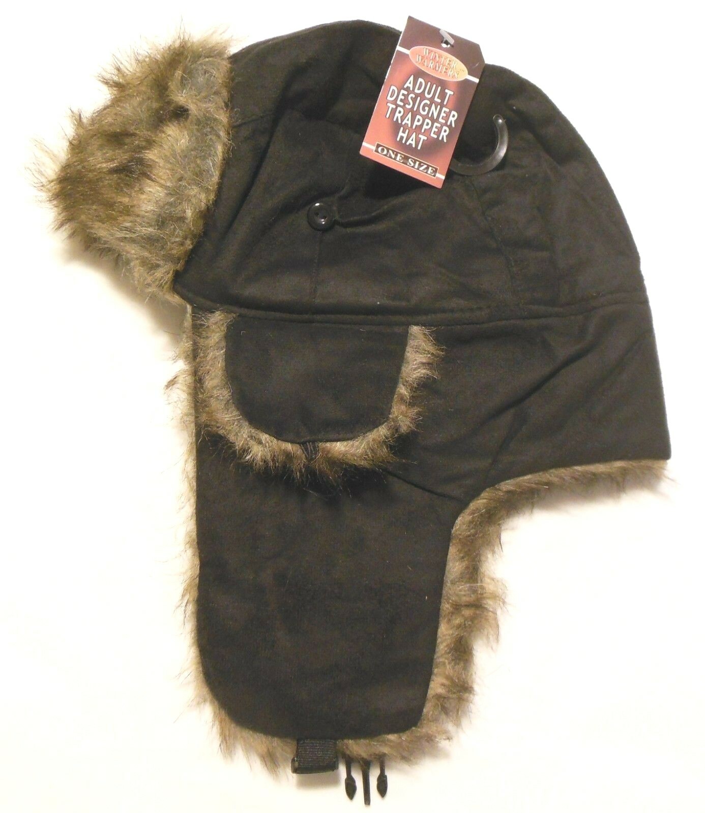 Trapper Hat Black Suede Feel One Size Unisex Winter Warmer