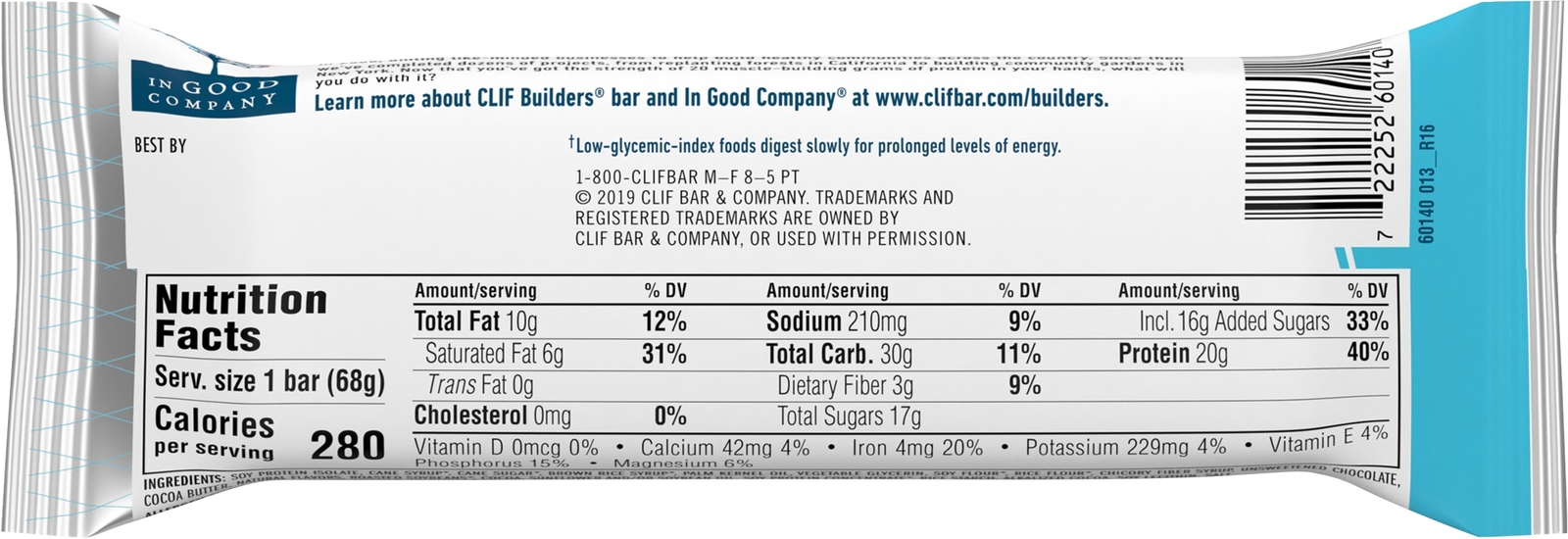 Clif Builders Protein Bar Cookie & Cream Gluten Free - 2.4 oz (Pack of 12)