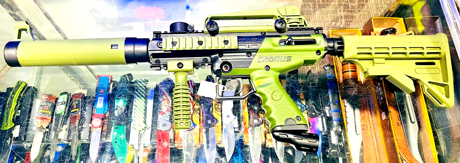 semi-automatic .68 caliber Tippmann Cronus Tactical Paintball Gun, olive green